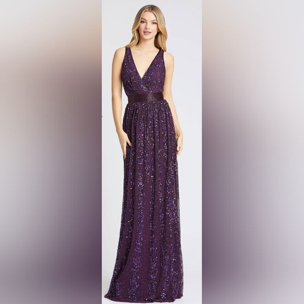 Mac Duggal 4770 Sequin V-Neck Beaded Column Gown NWT Sz 0 Aubergine/Purple
